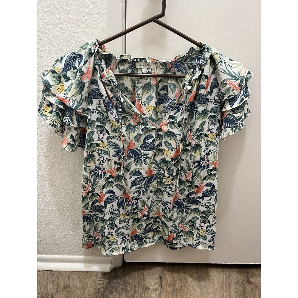 Alex And Lili Tropical Style Top Sz med Front Tie Ruffle Sleeves